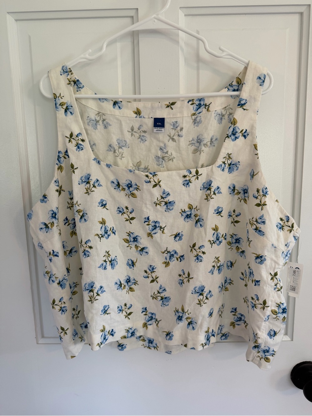 NWT Old Navy White Blue Floral Linen Blend Square Neck Crop Top XXL